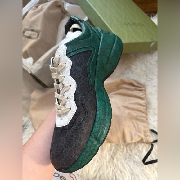 GUCCI MEN'S SHOES GREEN, BLACK & WHITE NYLON GG SUPREME RHYTON SNEAKERS - Picture 5 of 10